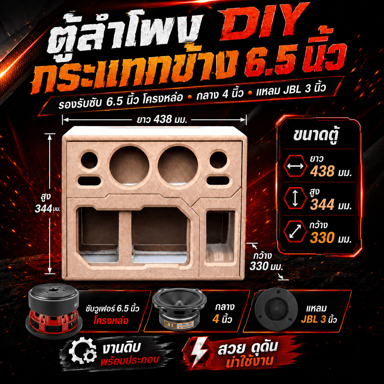 กระแทกข้าง 6.5 นิ้ว กลาง 4 นิ้ว แหลม JBL 3 นิ้ว